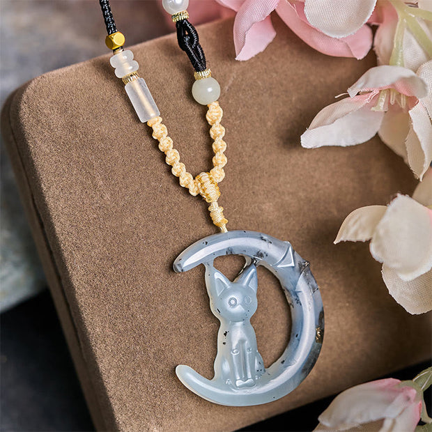 Buddha Stones Natural Xiuyan Jade Crescent Moon Cat Balance Necklace Pendant - image 2