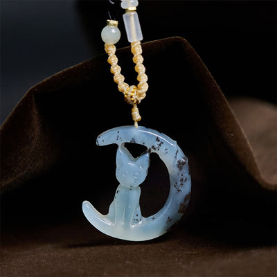 Buddha Stones Natural Xiuyan Jade Crescent Moon Cat Balance Necklace Pendant - Pendant&Rope - image 0