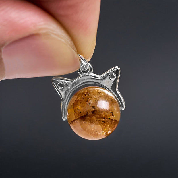 Buddha Stones 925 Sterling Silver Natural Inclusion Quartz Yellow Flower Quartz Cat Wealth Necklace Pendant - image 5