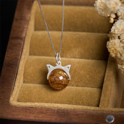 Buddha Stones 925 Sterling Silver Natural Inclusion Quartz Yellow Flower Quartz Cat Wealth Necklace Pendant - image 2