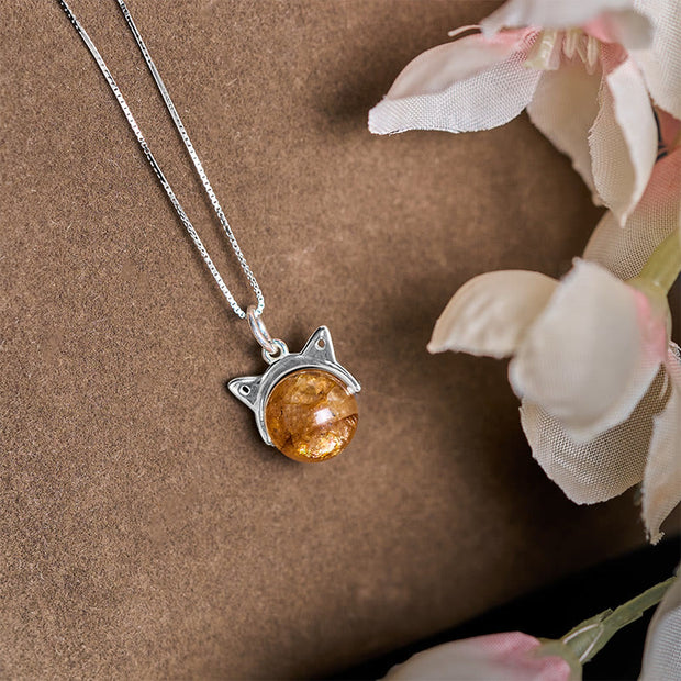 Buddha Stones 925 Sterling Silver Natural Inclusion Quartz Yellow Flower Quartz Cat Wealth Necklace Pendant - image 1
