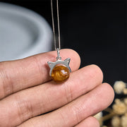 Buddha Stones 925 Sterling Silver Natural Inclusion Quartz Yellow Flower Quartz Cat Wealth Necklace Pendant - image 4