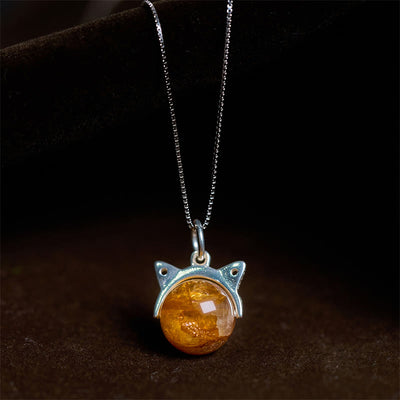 Buddha Stones 925 Sterling Silver Natural Inclusion Quartz Yellow Flower Quartz Cat Wealth Necklace Pendant - 10mm+0.8mm Chain - image 0