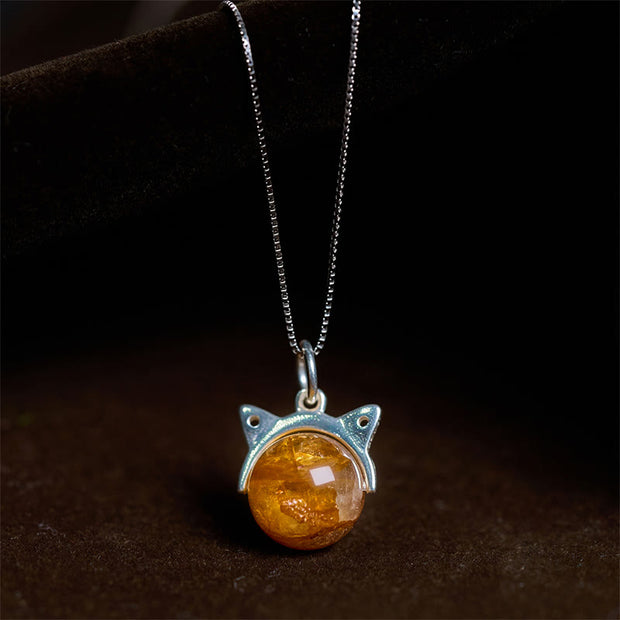 Buddha Stones 925 Sterling Silver Natural Inclusion Quartz Yellow Flower Quartz Cat Wealth Necklace Pendant - 10mm+0.8mm Chain - image 0