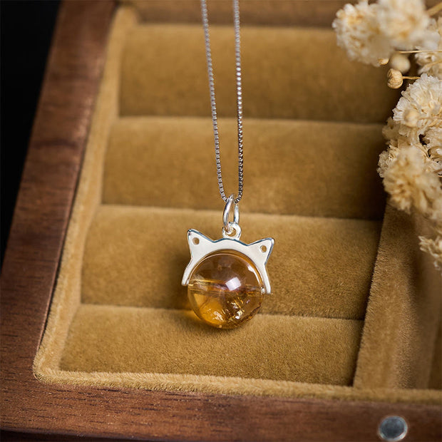 Buddha Stones 925 Sterling Silver Natural Citrine Cat Prosperity Necklace Pendant - image 1