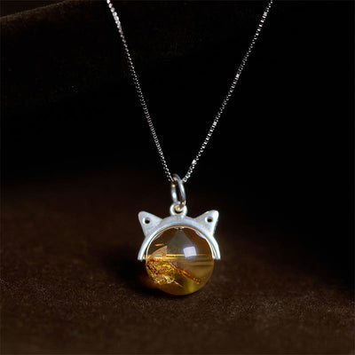 Buddha Stones 925 Sterling Silver Natural Citrine Cat Prosperity Necklace Pendant - 10mm+0.8mm Chain - image 0
