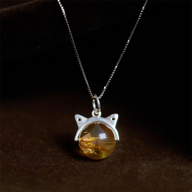 Buddha Stones 925 Sterling Silver Natural Citrine Cat Prosperity Necklace Pendant - 10mm+0.8mm Chain - image 0