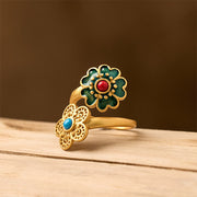 Buddha Stones Double Petals Copper Dripping Turquoise Wealth Ring - image 1