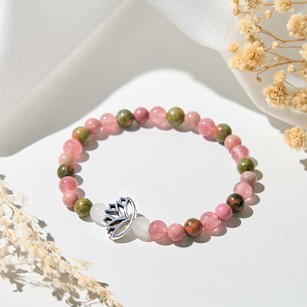 Buddha Stones Rhodonite Unakite Beads Lotus Healing Bracelet - Rhodonite&Unakite(Wrist Circumference: 15-17cm) - image 0