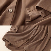 Buddha Stones Commute Long Sleeve Pure Color Button Design Lapel Cotton Midi Dress - image 12