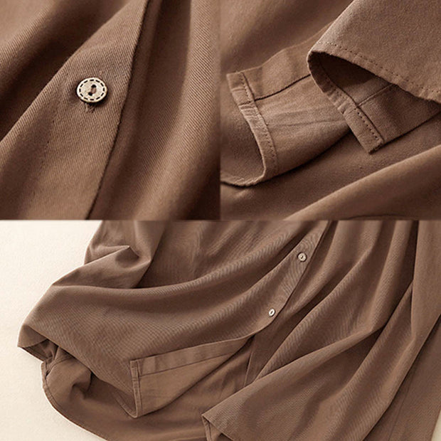 Buddha Stones Commute Long Sleeve Pure Color Button Design Lapel Cotton Midi Dress - image 12