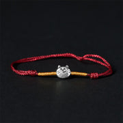 Buddha Stones 925 Sterling Silver Cute Cat Red String Braided Bracelet - Golden Red String(Wrist Circumference 14-18cm) - image 0