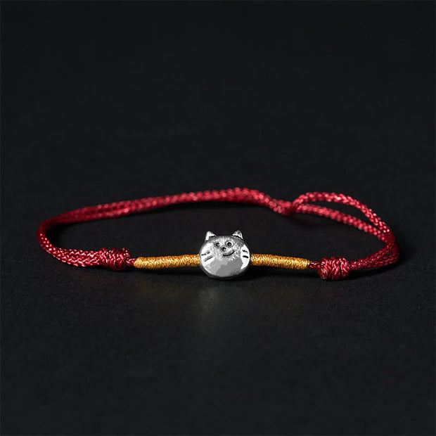 Buddha Stones 925 Sterling Silver Cute Cat Red String Braided Bracelet - Golden Red String(Wrist Circumference 14-18cm) - image 0