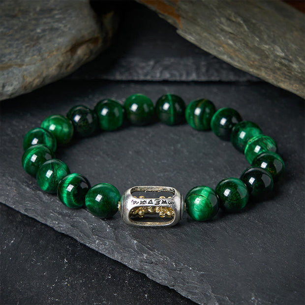 Buddha Stones Natural Green Tiger Eye Om Mani Padme Hum Positive Strength Bracelet - 20cm - image 0
