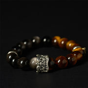 Buddha Stones Tiger Eye Silver Sheen Obsidian Om Mani Padme Hum Horse PiXiu Beast Courage Bracelet - image 3