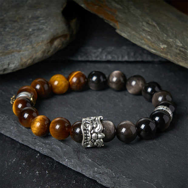 Buddha Stones Tiger Eye Silver Sheen Obsidian Om Mani Padme Hum Horse PiXiu Beast Courage Bracelet - image 1