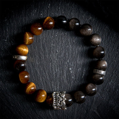 Buddha Stones Tiger Eye Silver Sheen Obsidian Om Mani Padme Hum Horse PiXiu Beast Courage Bracelet - 20cm - image 0
