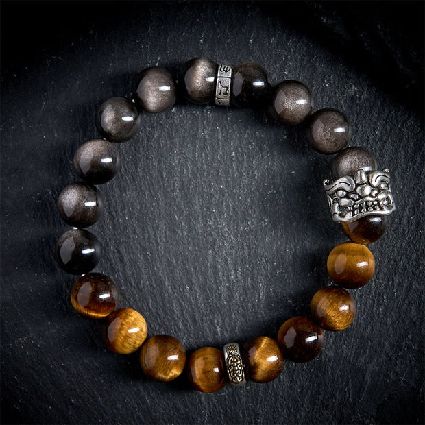 Buddha Stones Tiger Eye Silver Sheen Obsidian Om Mani Padme Hum Horse PiXiu Beast Courage Bracelet - image 2