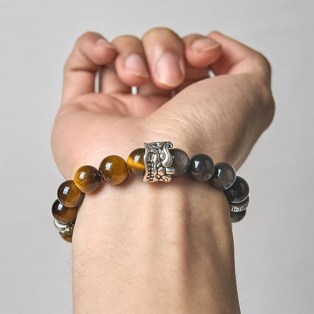 Buddha Stones Tiger Eye Silver Sheen Obsidian Om Mani Padme Hum Horse PiXiu Beast Courage Bracelet - image 4