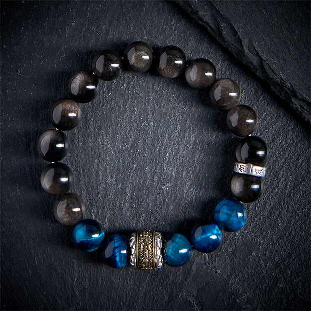 Buddha Stones Natural Silver Sheen Obsidian Blue Tiger Eye Om Mani Padme Hum Communication Bracelet - image 1