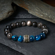 Buddha Stones Natural Silver Sheen Obsidian Blue Tiger Eye Om Mani Padme Hum Communication Bracelet - 20cm - image 0