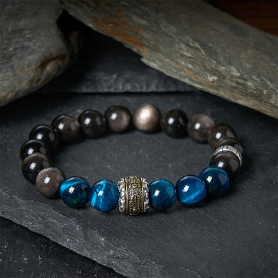 Buddha Stones Natural Silver Sheen Obsidian Blue Tiger Eye Om Mani Padme Hum Communication Bracelet - 20cm - image 0