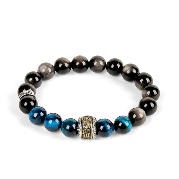 Buddha Stones Natural Silver Sheen Obsidian Blue Tiger Eye Om Mani Padme Hum Communication Bracelet - image 4