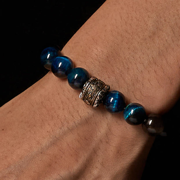 Buddha Stones Natural Silver Sheen Obsidian Blue Tiger Eye Om Mani Padme Hum Communication Bracelet - image 2
