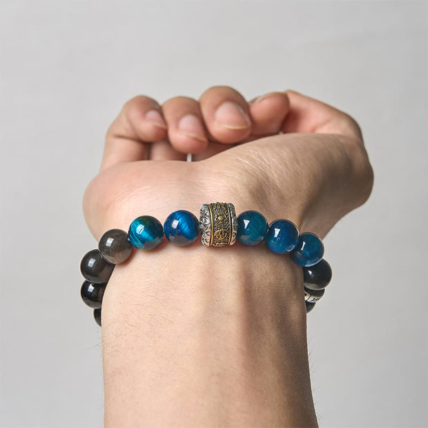 Buddha Stones Natural Silver Sheen Obsidian Blue Tiger Eye Om Mani Padme Hum Communication Bracelet - image 3