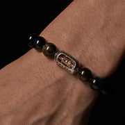 Buddha Stones Natural Silver Sheen Obsidian Blue Tiger Eye Om Mani Padme Hum Soothing Bracelet - image 3