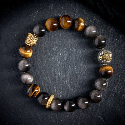 Buddha Stones Natural Silver Sheen Obsidian Tiger Eye Three-Faced Buddha Protection Bracelet - 20cm - image 0