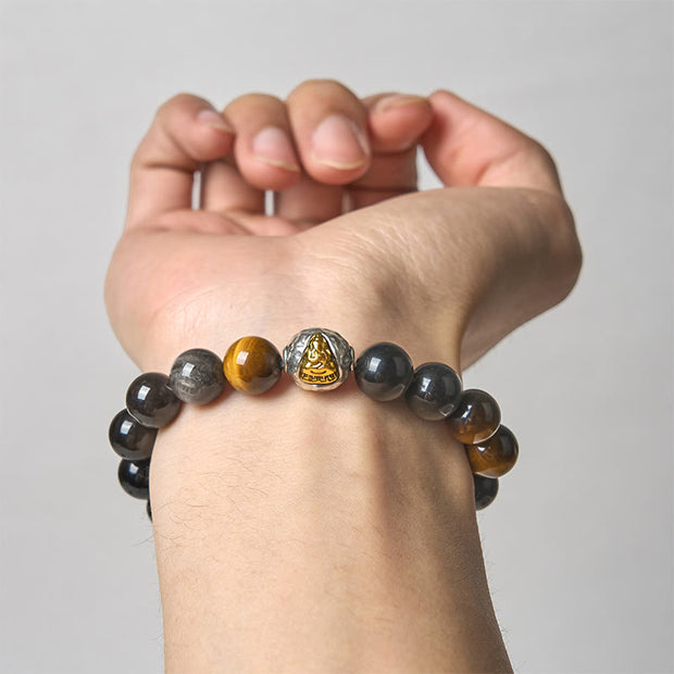 Buddha Stones Natural Silver Sheen Obsidian Tiger Eye Three-Faced Buddha Protection Bracelet - image 4