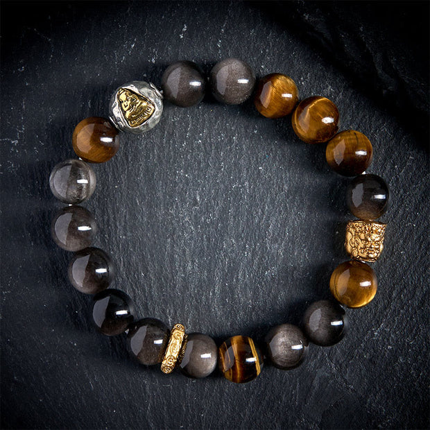 Buddha Stones Natural Silver Sheen Obsidian Tiger Eye Three-Faced Buddha Protection Bracelet - image 2