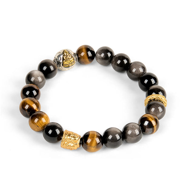 Buddha Stones Natural Silver Sheen Obsidian Tiger Eye Three-Faced Buddha Protection Bracelet - image 5