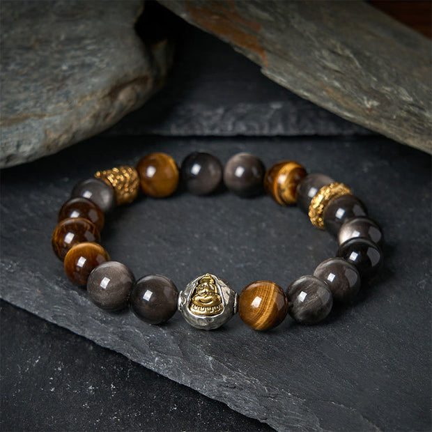 Buddha Stones Natural Silver Sheen Obsidian Tiger Eye Three-Faced Buddha Protection Bracelet - image 1