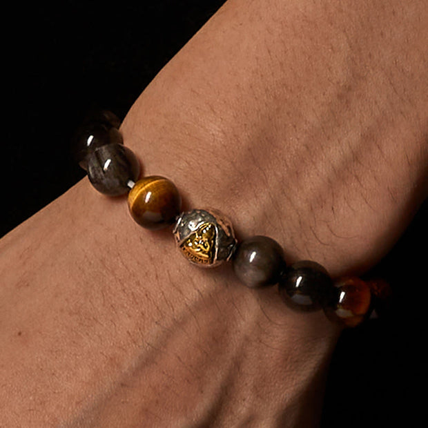 Buddha Stones Natural Silver Sheen Obsidian Tiger Eye Three-Faced Buddha Protection Bracelet - image 3