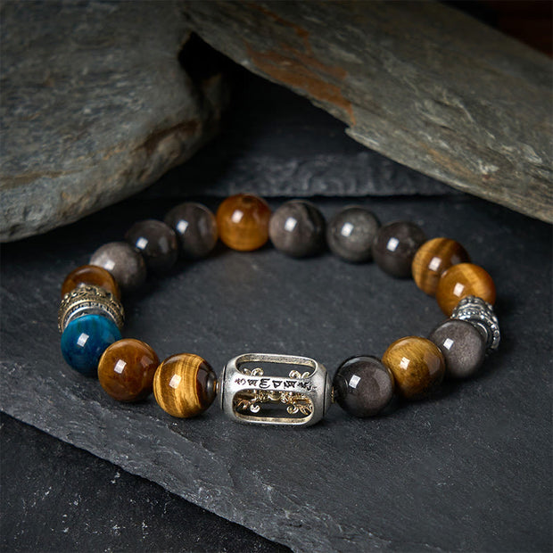 Buddha Stones Silver Sheen Obsidian Tiger Eye Om Mani Padme Hum Three-Faced Buddha Positive Bracelet - image 1
