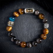 Buddha Stones Silver Sheen Obsidian Tiger Eye Om Mani Padme Hum Three-Faced Buddha Positive Bracelet - image 2