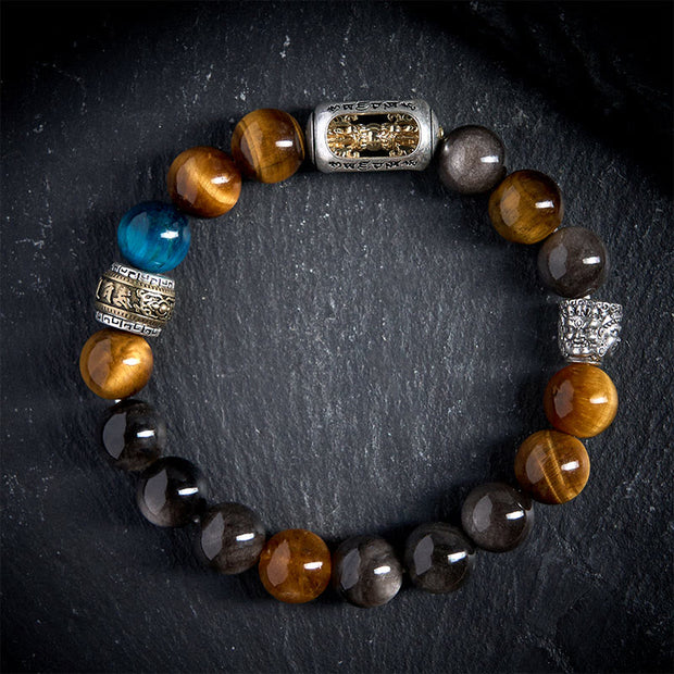 Buddha Stones Silver Sheen Obsidian Tiger Eye Om Mani Padme Hum Three-Faced Buddha Positive Bracelet - image 2
