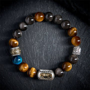 Buddha Stones Silver Sheen Obsidian Tiger Eye Om Mani Padme Hum Three-Faced Buddha Positive Bracelet - 20cm - image 0
