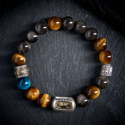 Buddha Stones Silver Sheen Obsidian Tiger Eye Om Mani Padme Hum Three-Faced Buddha Positive Bracelet - 20cm - image 0