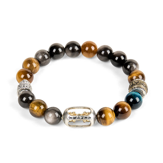 Buddha Stones Silver Sheen Obsidian Tiger Eye Om Mani Padme Hum Three-Faced Buddha Positive Bracelet - image 5