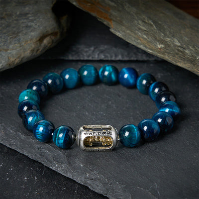 Buddha Stones Natural Blue Tiger Eye Om Mani Padme Hum Strength Bracelet - 20cm - image 0