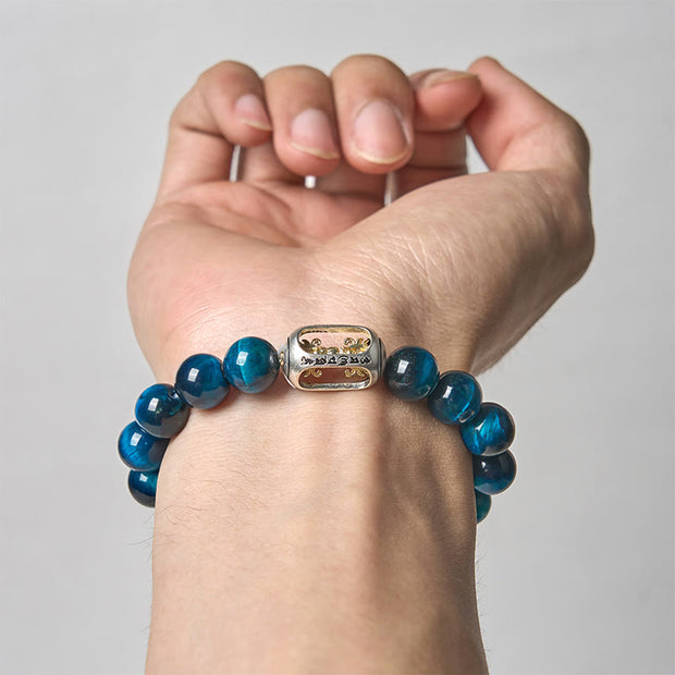 Buddha Stones Natural Blue Tiger Eye Om Mani Padme Hum Strength Bracelet - image 3