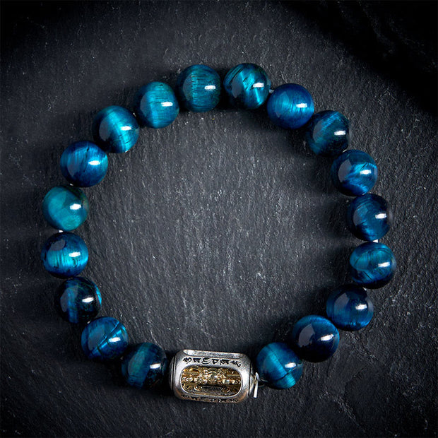 Buddha Stones Natural Blue Tiger Eye Om Mani Padme Hum Strength Bracelet - image 1