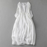 Buddha Stones Embroidery Patchwork Long Puff Sleeve Drawstring Midi Dress With Pockets - White - US8-10，UK/AU12-14，EU40-42 (2XL) - image 19