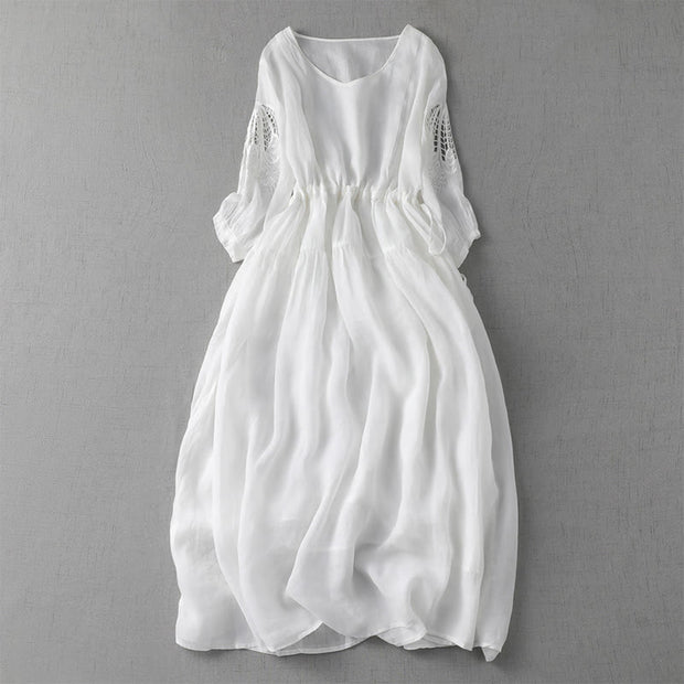 Buddha Stones Embroidery Patchwork Long Puff Sleeve Drawstring Midi Dress With Pockets - White - US8-10，UK/AU12-14，EU40-42 (2XL) - image 19