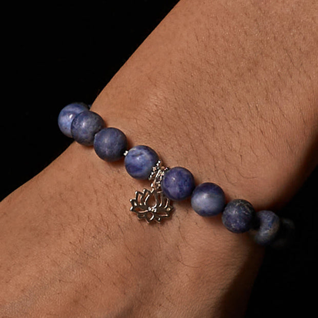 Buddha Stones 925 Sterling Silver Lotus Design Natural Sodalite Positive Beads Harmony Bracelet - image 3