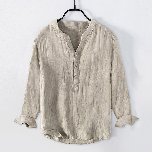 Buddha Stones Solid Color Short Sleeve Half Button Shirt Cotton Linen Men Clothing - Long Sleeve - Linen - US/UK/AU50，EU60 (5XL) - image 25