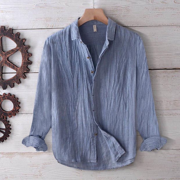 Buddha Stones Men's Shirt Solid Color Lapel Top Short Sleeve Comfy Button Crease Cotton Linen Shirt - Long Sleeve - CornflowerBlue - US/UK/AU50，EU60 (5XL) - image 15